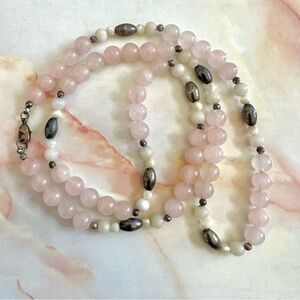 Rose Quartz, snow Quartz and mother of Pearl long necklace